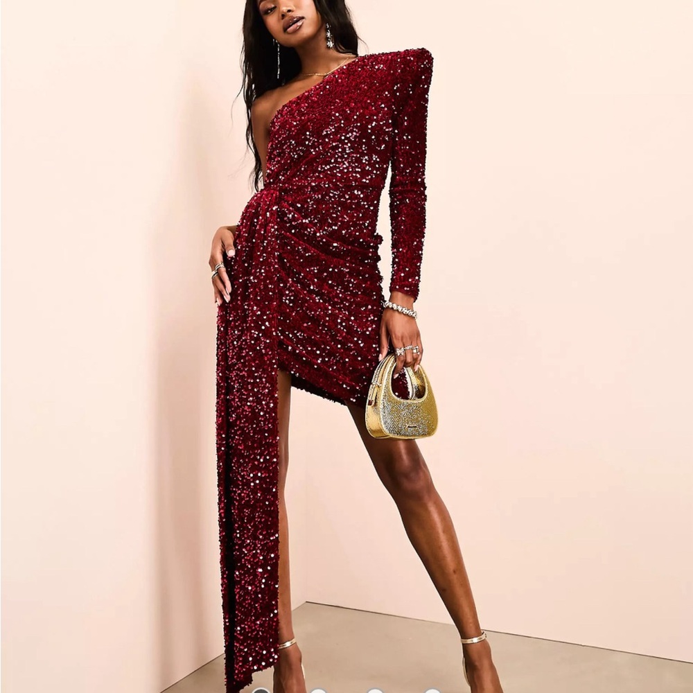 ASOS Luxe burgundy asymmetric draped sequin one shoulder long sleeve dress
